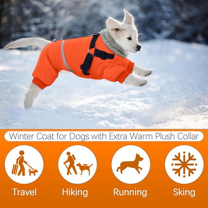 BRKURLEG Small Dog Winter Coat with Harness Built in, Orange Winter Dogs Jackets, Fullbody Dog Coat, Dogs Snowsuits Reflective Windproof Cold Weather Coats, Pet Warm Fleece Coats, XL