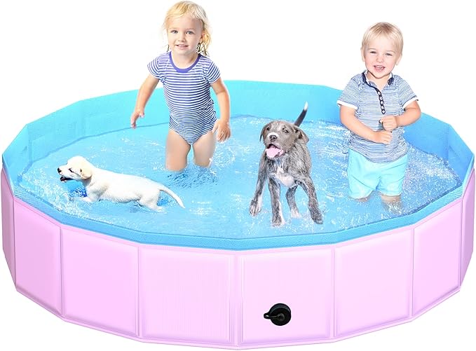 CACSPS 2025 Updated Foldable Dog Pool, 79" x 12" Kiddie Pool with Hard Plastic, Non-Slip Dog Bath Tub for Outdoor Backyard, Collapsible Dog Swimming Pool for Kids Dogs Pets (Pink)