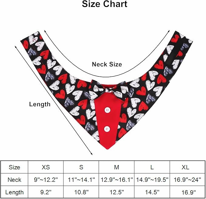 ADOGGYGO Valentine Dog Tuxedo, Red Black Heart Pet Bowtie Collar, Adjustable Valentine Bandana for Extra Small Dogs Cats (XS)