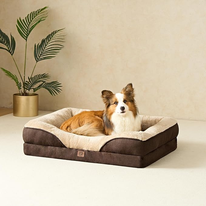 EHEYCIGA Orthopedic Dog Bed for Large Sized Dog, 36x27 Inch Large Memory Foam Dog Couch Bed with Sides, Waterproof Liner & Washable Removable Cover, Bolster Pet Sofa, Brown