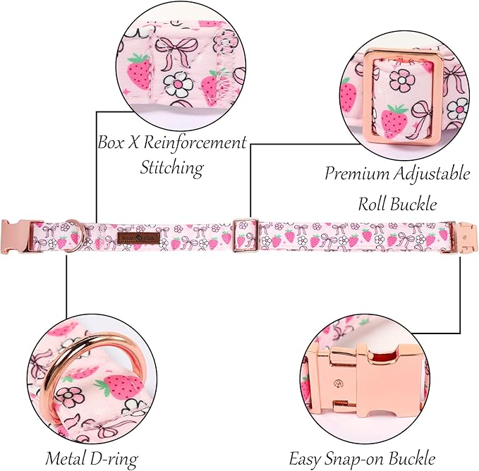 Lionet Paws Strawberry Floral Dog Collar with Sailor Bow, Spring Pink Bow Dog Collars Bow Tie for Dogs, Small, Neck 10-16 inches