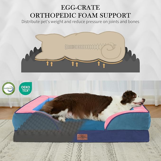 Comfort Expression Orthopedic Dog Bed for Extra Large Dogs 45x35 Inch, Waterproof Egg Crate Foam XL Pet Bed with Bolsters, Dog Couch with Washable Cover & Non-Slip Bottom, Enchanted Cove