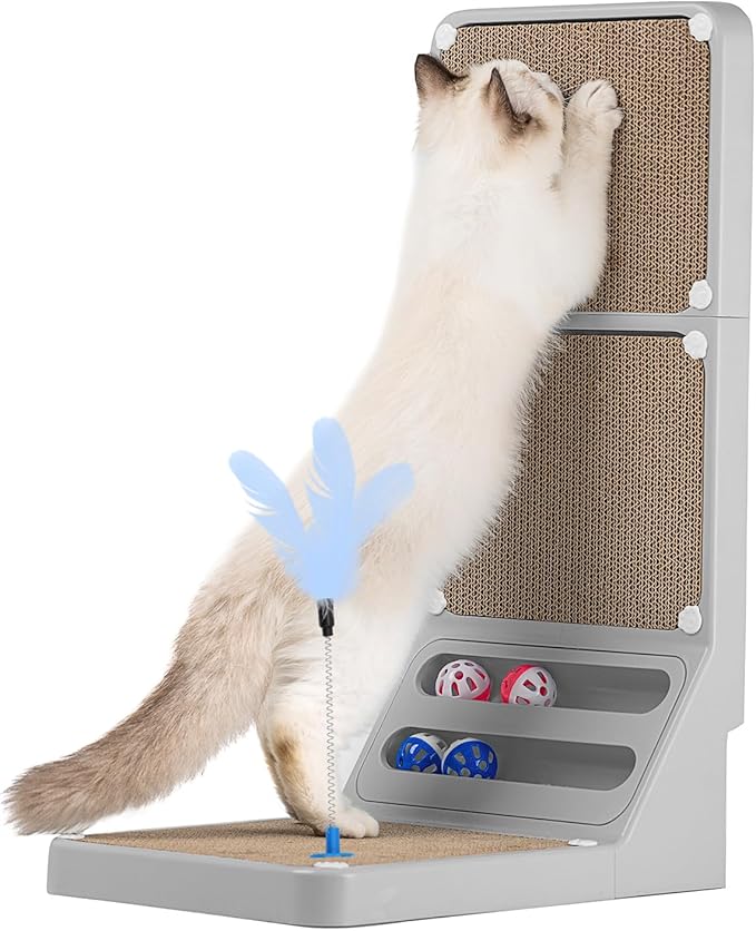 Goosheep Cat Scratching Board Cat Scratching Post,2-in1 L Shaped Cats Cardboard Scratcher with Box, Kitten Scratcher Ball Wall Scratchers Pad for Indoor Cats Grey