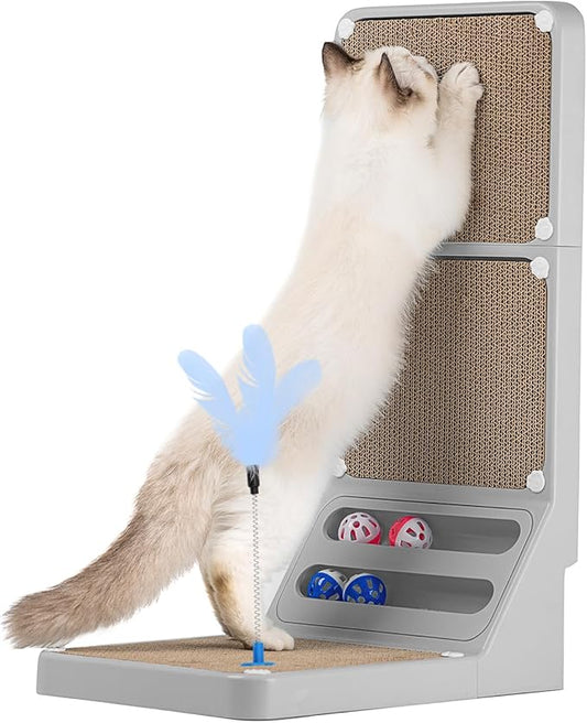Goosheep Cat Scratching Board Cat Scratching Post,2-in1 L Shaped Cats Cardboard Scratcher with Box, Kitten Scratcher Ball Wall Scratchers Pad for Indoor Cats Grey