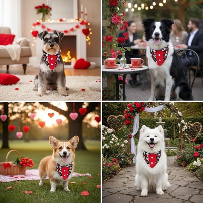 ADOGGYGO Valentine Dog Tuxedo, Red Black Heart Pet Bowtie Collar, Adjustable Valentine Bandana for Large Dogs (L)