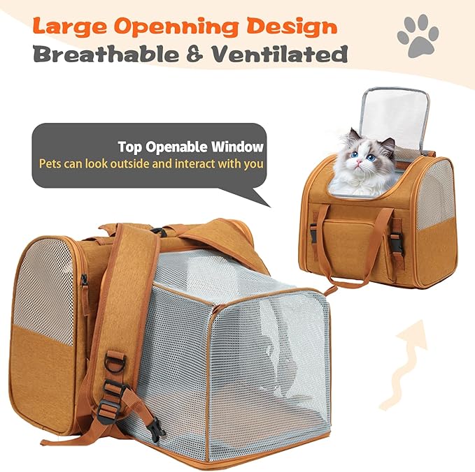 Cat Carrier Backpack, Airline Approved Expandable Pet Carrier, Breathable Mesh Backpack for Small Dogs & Medium Cats Hiking Camping Travel (Brown)