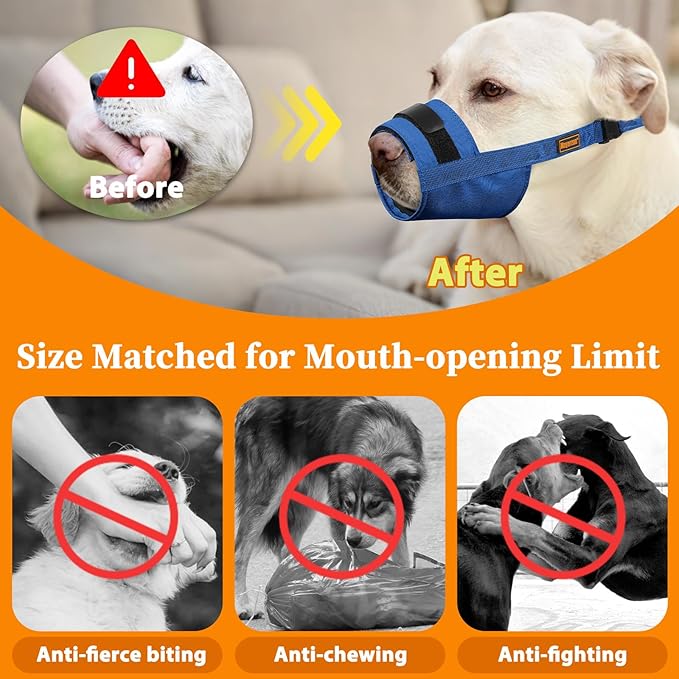 Mayerzon Dog Muzzle for Large Medium Small Dogs, Adjustable Fit, Soft & Sturdy Fabric, Prevents Fierce Barking Biting Chewing, Ideal for Grooming Walking Vet Visits, Allows to Pant Drink (Blue, XL)
