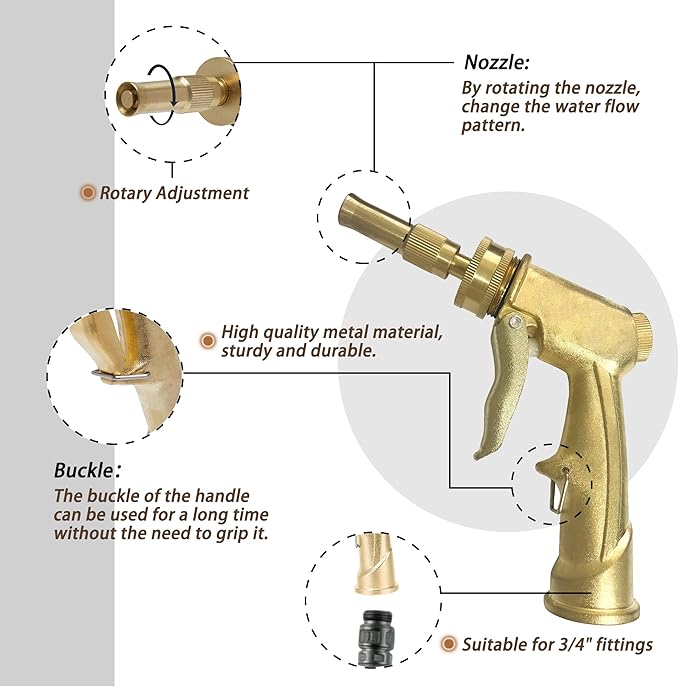 Garden Hose Nozzle Sprayer with 3.5oz Plastic Soap Dispenser Bottle, Heavy Duty High Pressure Car Wash Foam Gun, Adjustable Nozzle For Gardening, Solar Panel Cleaning, Pet Showering (Brass)