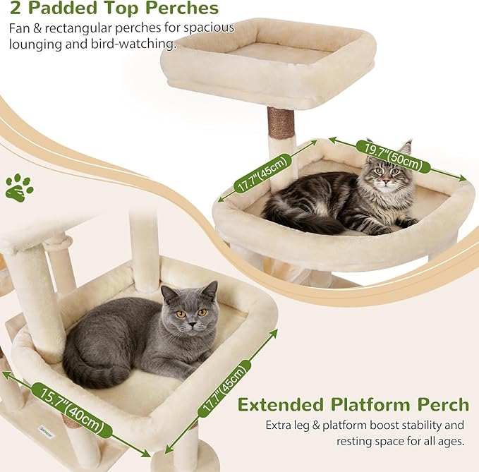 Globlazer 75in Sturdy Cat Tree for Large Cats, Heavy Duty Multi-Level Cat Tower for Indoor Cats with Extended Platform, 2 Spacious Condos, 2 Padded Perches, 6 Sisal Scratching Posts, S75, Beige