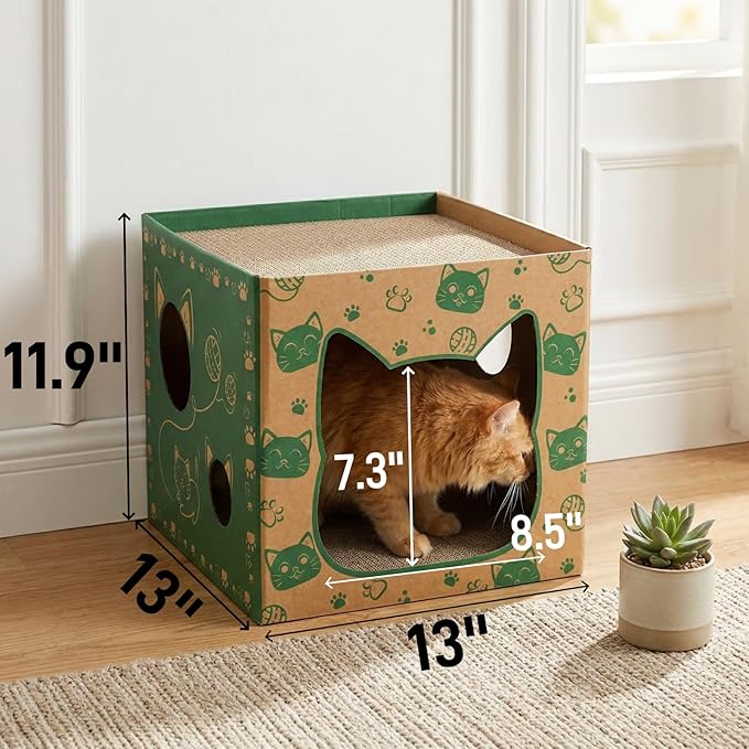 Pumtus 2 Pack Cardboard Cat Houses, Cat Play House with 2 PCS Scratching Pad, Corrugated Kitten Hideaway Cave, Cute Cats Condos Box, Cat Scratching Toy, Scratcher Bed for Indoor Cats, Kittens, Bunny