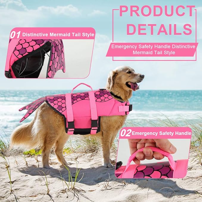 EMUST Large Dog Life Jacket, Dog Mermaid Life Vests for Swimming, Adjustable Pet Flotation Vest Swimsuits with Lift Handle for Small, Medium, Large Dogs, XL
