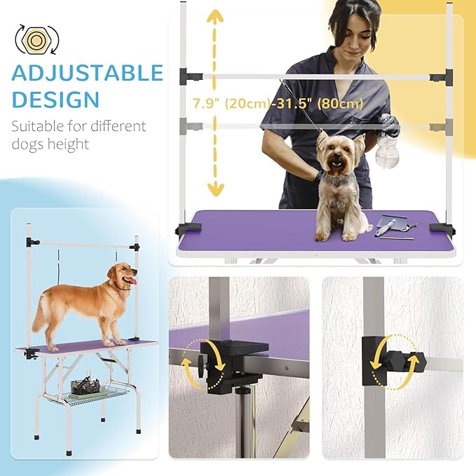 Pet Dog Grooming Table, Foldable Stainless Steel Pet Drying Grooming Table Up to 330lbs, Professional Bathing Desk for Dogs at Home with Adjustable Overhead Arms, Noose, Mesh Tray, 46''/Purple