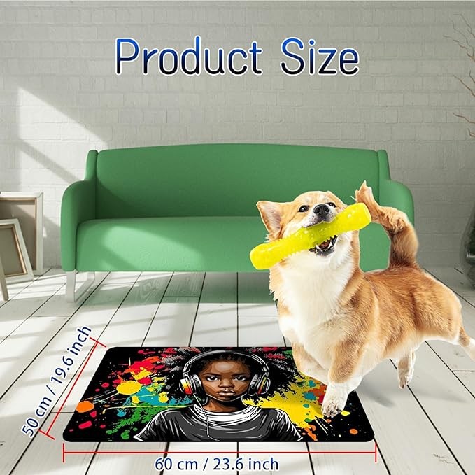 Dog Food Mat, 19.6" x 23.6" Absorbent Pet Feeding Mat for Food and Water, Waterproof Diatom Mud Pet Placemat with Non-Slip Rubber Backing, Cat Bowl Mat for Floors - Black Haired Girl