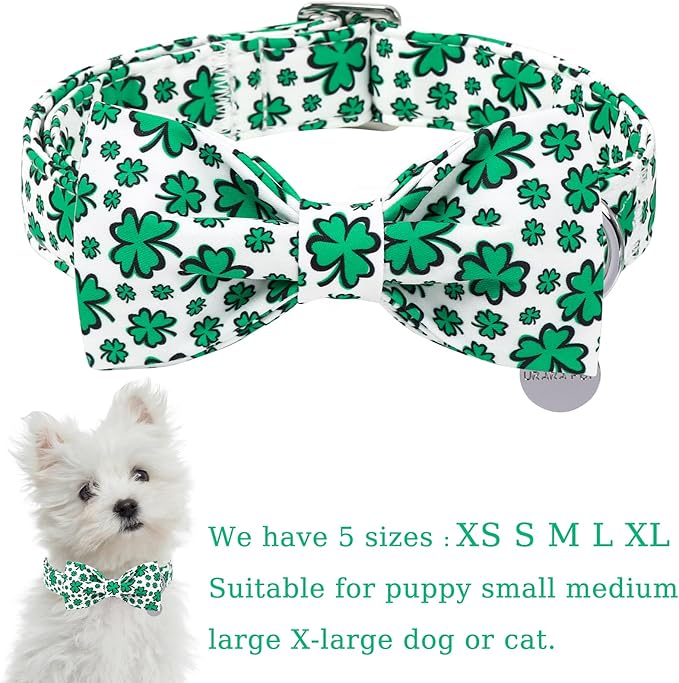 St. Patrick's Day Dog Collar with Bow Tie, Spring Shamrock Bowtie Collar for Girl Boy Dog, Lucky Clover Dog Collar with Metal Buckle, Green Collar for Dogs, XL