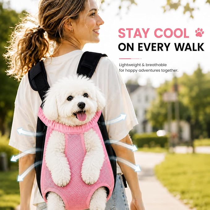 Inspack Dog Backpack Carrier/Cat Carrier, Adjustable Pet Front Carriers Travel Bag for Puppy Medium Dogs, Legs Out, Soft Ventilated Doggie Chest Carry Backpacks for Hiking/Camping, 10-16 lbs, Pink
