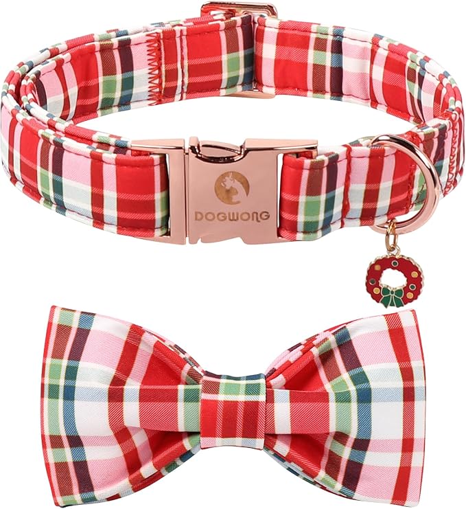DOGWONG Christmas Dog Collar with Bow Tie - Christmas Red Plaid Puppy Collar, Adjustable Red Checkered Dog Collars for Girl Boy Dogs, S