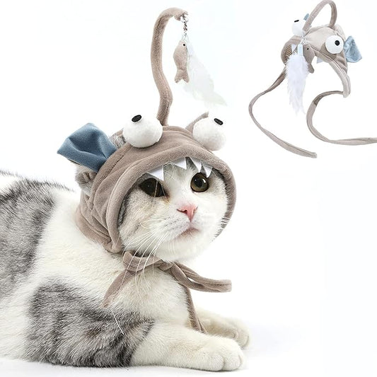 Head Mounted Cat Headgear Interactive Self-Service Adjustable Size Cat hat Feather Toy，Kawaii Design，Grey Bigeye Fish