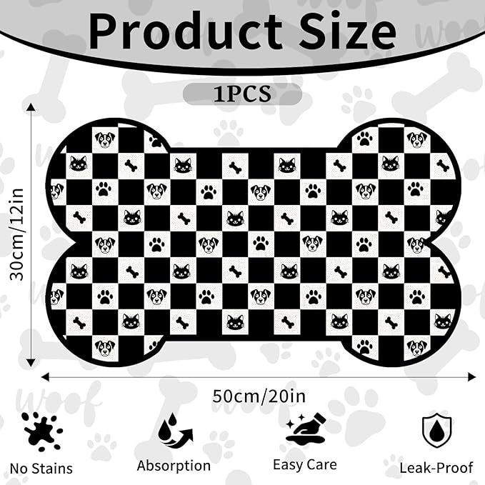 Pet Dog Cat Food Mat, Absorbent Bone Shaped Dog Bowl Mats for Food and Water, Non Slip Cute Footprint Dogs Cat Placemats Feeding Mat for Floors Puppy Pet Accessories Supplies 12"x20" Black White