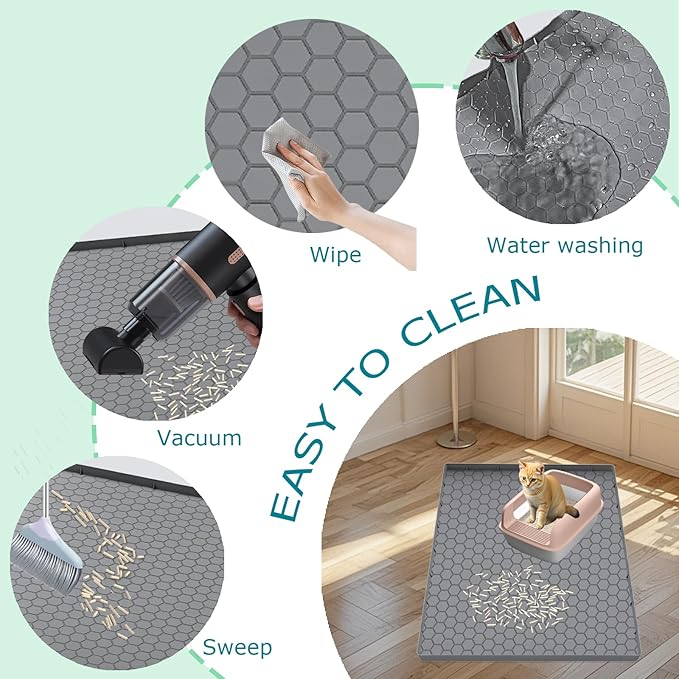 Cat Litter Mat for Litter Box, Silicone Large Cat Litter Trapping Mat - 37x22 in, Waterproof & Non-Slip, Durable & Easy Clean, Grey