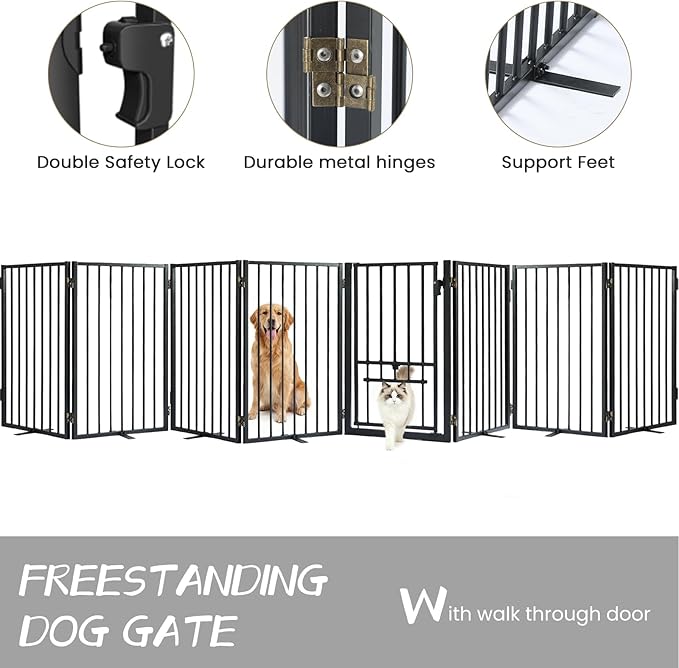 Metal Freestanding Dog Gate with Cat Door for Outdoor & Indoor,160" Extra Wide Foldable Pet Fence,30" Tall Dog Gate for RV Camping,Stairs,Hallways,Doorways,Deck,Yard,with 7PCS Support(8 Panels,Black)