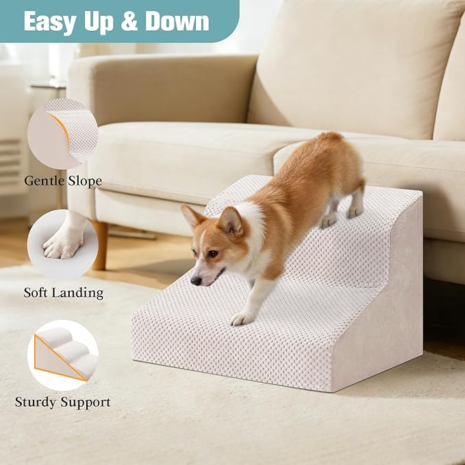 Dog Stairs for Small Dogs, 2-Step Dog Steps for Couch Sofa and Chairs, High-Density Foam Pet Steps Ramp with Removable Washable Cover for Older Injured Puppy Dogs and Cats, 11.81" H, Beige