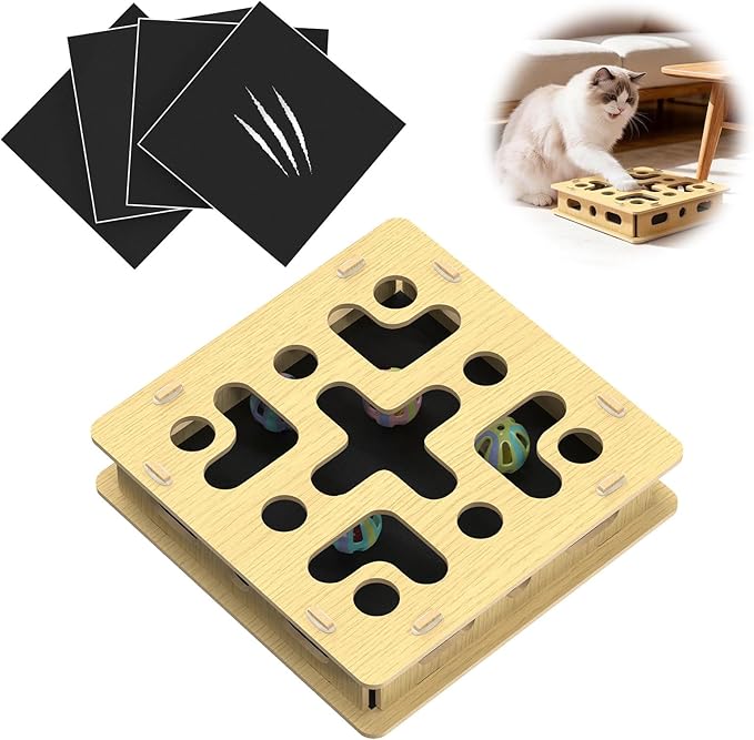 EIODEAR Cat Nail File Scratcher Box with 5 Sandpaper Pads & 4 Bell Balls, Sturdy Wood Cat Nail Scratcher to File Nails, Cat Toy Filer Toy for Treat-Motivated Cats, Included Silicone Security Rings