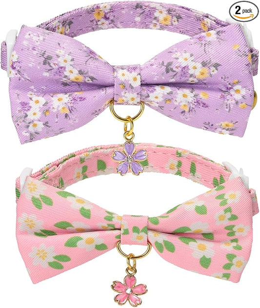 2 Pack Floral Cat Collars with Bow Tie and Bell Adjustable Breakaway Bowtie Cute Kitten Collar(Purple & Pink Flowers)