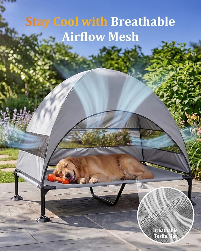 Elevated Outdoor Dog Bed with Canopy, Raised Dog Cot with Stable Adjustable Feet, Dog Camping Bed with Larger Shade, Lifted Dog Tent Bed with Canopy for Outside