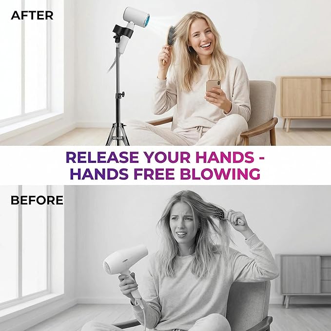 Hair Dryer Stand, Hair Dryer Holder with Tripod, Hands-free, Adjustable Height 30.3‑64.4in, Stable, Universal Metal Clip Fits 99% of Blow Dryers, Foldable & Portable for Home, Salon, or Travel
