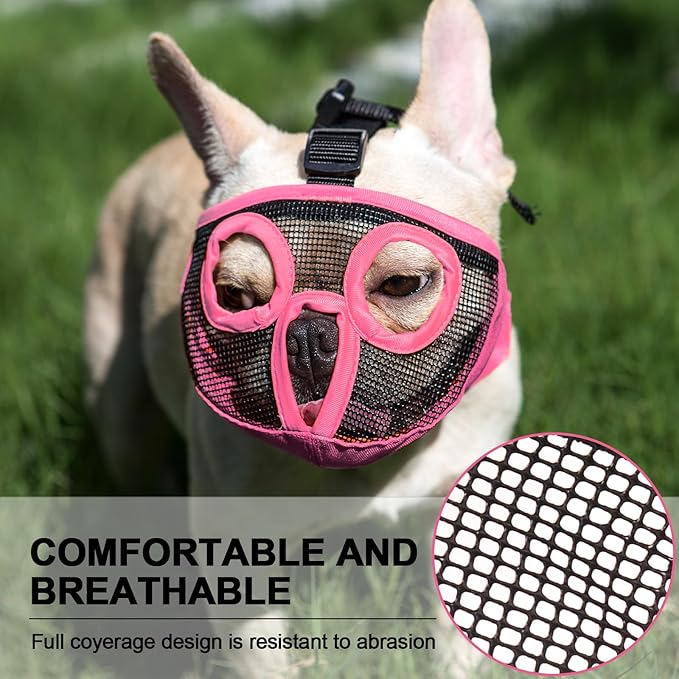 Short Snout Dog Muzzles- Adjustable Breathable Mesh Bulldog Muzzle for Biting Chewing Licking Training Grooming Dog Mask (Pink, X-Large/ 18"-25")