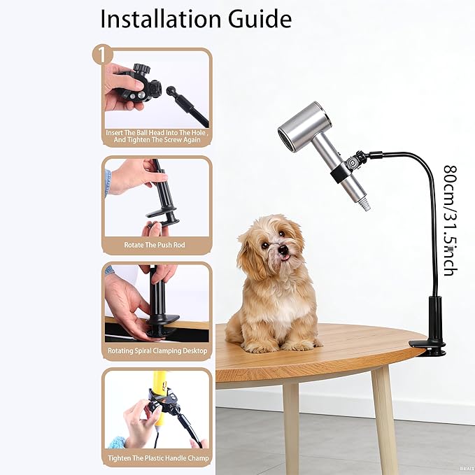 Dog Hair Dryer Stand，Adjustable Hands Free Hair Dryer Holder with 360°Rotatable Clamp for Pet Dog Cat Grooming(Black)