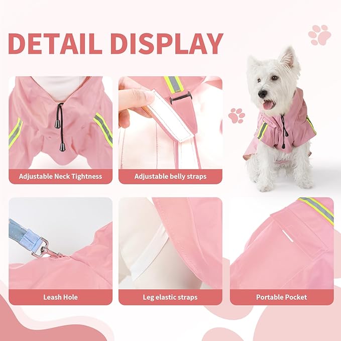 Dog Raincoat, Waterproof Windproof Dog Rain Jacket Adjustable, Rain Coat with Leash Hole, Reflective Strap Raincoat Poncho for Small Medium Large Dogs Outdoor (Reflection-Pink, M)