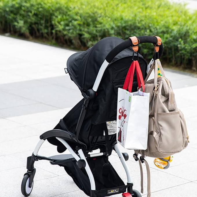(4-Pack Baby Stroller Hooks Clip or Hanging Diaper Bag Universal Hooks Accessories for Stroller and Car or Shopping Cart Made of Aircraft Aluminum and Leather (Black and Brown)