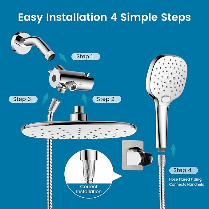 PWERAN 10" High Pressure Rain Shower Head with Handheld, Rainfall Shower Heads with 3-Mode Handheld Spray Combo, Detachable Hand Held Showerhead,71'' Hose and Holder for Kids, Pet & Elderly