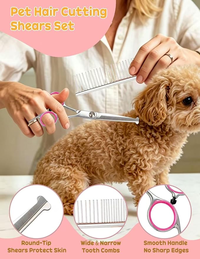 Specialized Dogs Grooming Set for Shedding Season, 10-Piece Set, Including Pet Nail Clippers, Nail Files, a Flea Comb, Grooming Gloves, and a Comb Set; Suitable for Cats and Dogs (Pink)