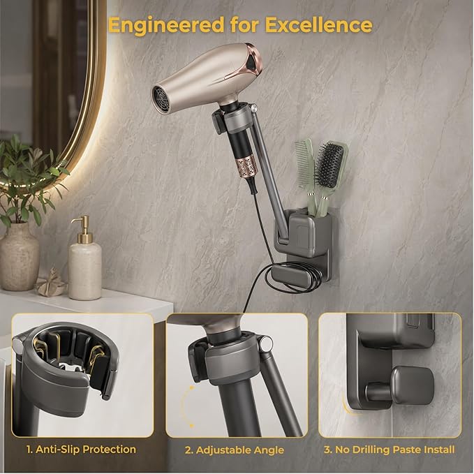 Hands Free Hair Dryer Holder Wall Mount, No Drill Installation, Damage-Free Wall, Adjustable Arm, With Cord Storage，Storage Slot，For Home & Hotel Bathroom, Bedroom Vanity, Fits Most Hair Dryers (Gray)