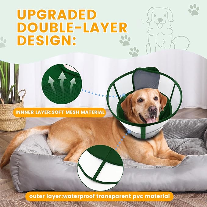 WinWeal Soft Dog Cone for Large Medium Dogs After Surgery – Adjustable Transparent Recovery Collar, Breathable Elizabethan E-Collar for Wound Healing & Anti-Licking (XL, Dark Green)