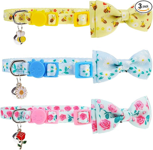 PUPTECK Cat Collar Breakaway with Bells, Kitten Collar Outfit Adjustable for Girl Boy Small Pet Puppy Bunny, Cute Costume Accessory with Safety Release Buckle (Bowtie-Floral)