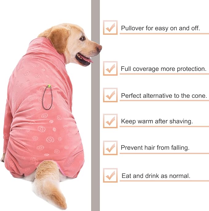 Dog Coats Autumn Winter Jumpsuit for Large Medium Dogs, Warmer Recovery Suit Polar Fleece Dog Bodysuit Lightweight Pajamas Pullover Stretchy Onesie Four-Legged Cold Weather Clothes(4XL, Pink)