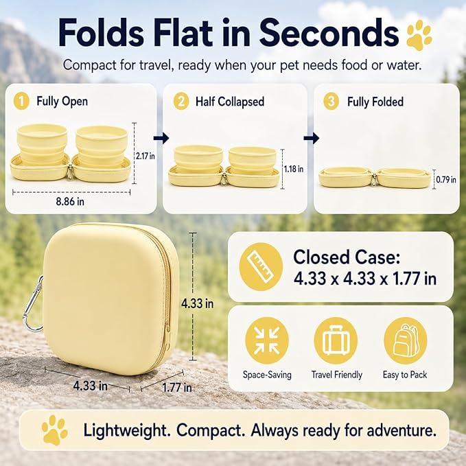 Portable Dog Bowl, Collapsible 2-in-1 Travel Dog Bowls with Carabiner Clip, Silicone Double Pet Food and Water Dish for Outdoor Camping and Hiking (Yellow)