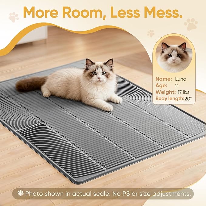 TRZZ XXL Extra Large Cat Litter Mat, Silicone Litter Box Mat for Floor, Waterproof & Non-Slip, Easy to Clean, Cat Litter Trapping Mat & Kitty Litter Catcher for Scatter Control (Khaki)