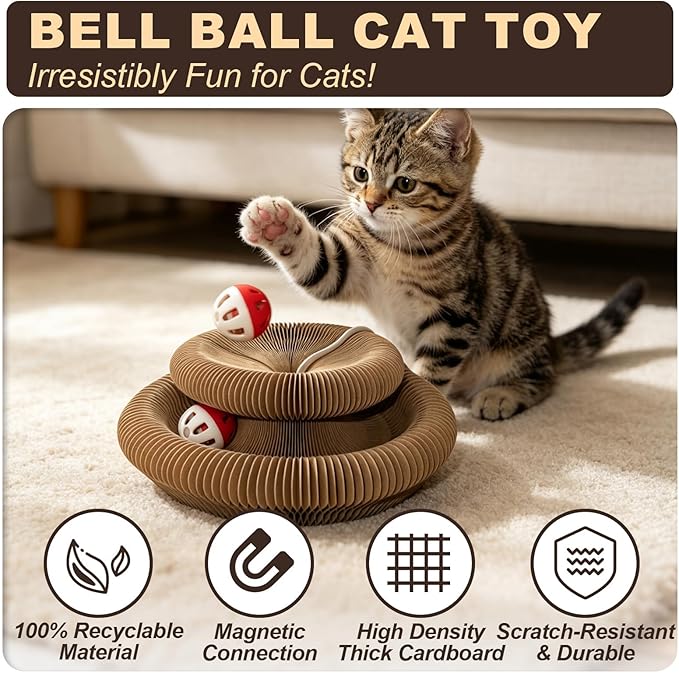 2-Pack Cat Pad Scratcher Toys, Magic Organ Cat Toy & Kitty Curls Cat Toy, Interactive Cardboard Cat Scratching Board with Bell Balls, Corrugated Scratcher for Indoor Cats, Furniture Protection