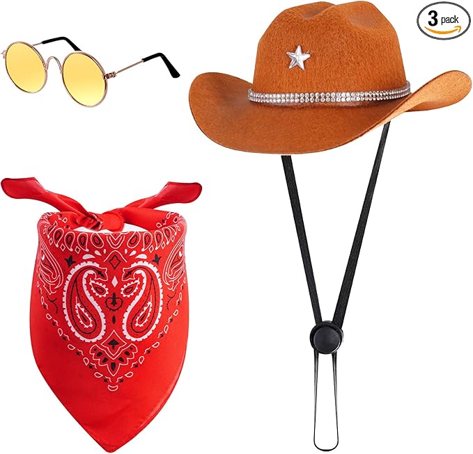 Pet Cowboy Costume Accessories for Dogs Cat Mini Cowboy Hat Sunglasses with Bandana for Halloween Party Western Cosplay (Brown)