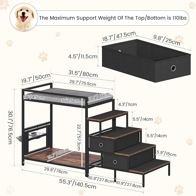 kepptory Dog Window Perch with 360° & Adjustable Raised Feeder, Pet Stairs Ramp with Seat with Stairs and Storage, Pet Bunk Bed with Small Pet Step