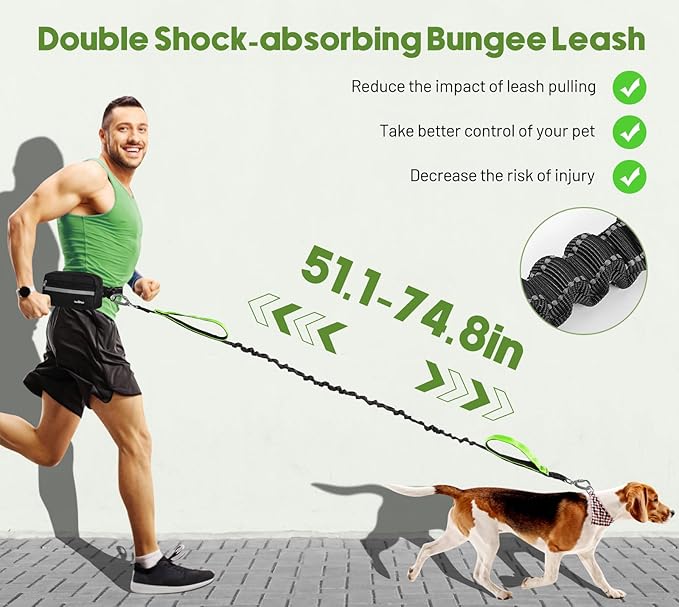 VavoPaw Hands Free Dog Leash with Pouch, Waist Leash for Dog Walking, Jogging, Hiking, Retractable Leashes with Dual Padded Handles, Adjustable Reflective Belt for Small Medium Large Dogs, Black Green