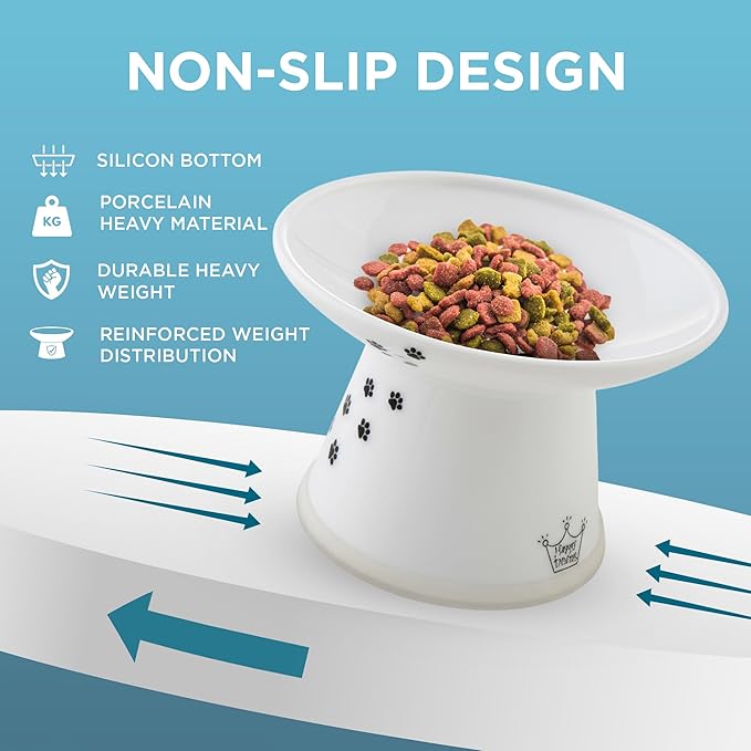 Necoichi Elevated Cat Food Bowl, Ceramic (Porcelain), Whisker-Friendly, Dishwasher & Microwave Safe, Non-Slip Silicone Base, Anti-Vomiting & Neck Fatigue (Cats, Extra Wide, 2-Cups Capacity)