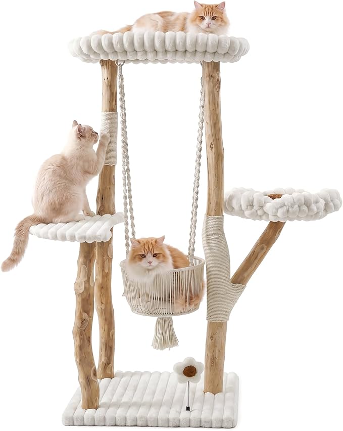 Solid Wood Cat Tree with Scratching Posts, 52 Inch Tall Cat Tower with Swinging Basket Hammock, Washable Cushion, Dangling Toy, Wood Climbing Cat Tree for Indoor Multi-Cats, Easy Assembly
