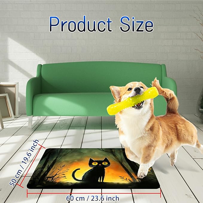 Dog Food Mat, 19.6" x 23.6" Absorbent Pet Feeding Mat for Food and Water, Waterproof Diatom Mud Pet Placemat with Non-Slip Rubber Backing, Easy Clean Cat Bowl Mat for Floors - Forest Black Cat