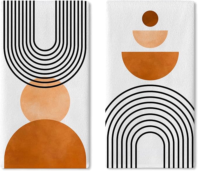 Modern Geometric Kitchen Dish Towels Set of 2, Boho Abstract Sun Rainbow Drying Hand Towel Baking Cooking Cloth, Contemporary Aesthetic Minimalist Art Home Decoration 18 x 26 Inches
