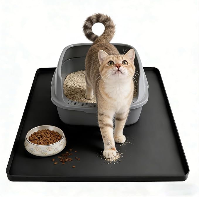 Silicone Cat Litter Mat 24x20 In Waterproof Litter Box Mat Leak-Proof Thick Under Kitty Litter Box Feeding Tray with Raised Edges for Floor Carpet, Black